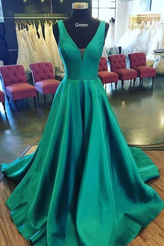 V Neck Green Prom Dresses