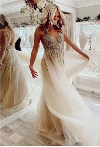 V Neck V Back Prom Dresses with Rhinestones