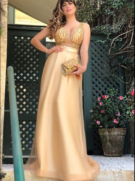 V Neck Floor Length Prom Dresses with Beading