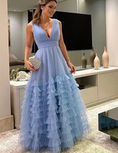 Load image into Gallery viewer, Dusty Blue Prom Dresses V Neck Tulle