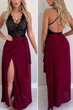 Load image into Gallery viewer, V Neck Slit Prom Dresses with Black Lace