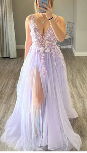 V Neck Slit Side Prom Dresses with 3D Flowers Evening Gown