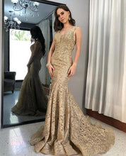 Load image into Gallery viewer, V Neck Gold Prom Dresses Lace Mermaid