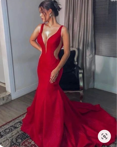 Red V Neck Prom Dresses Mermaid Evening Gown