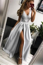 Load image into Gallery viewer, V Neck Slit Prom Dresses with Lace