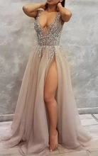 Load image into Gallery viewer, V Neck Slit Side Prom Dresses with Rhinestones Sequins