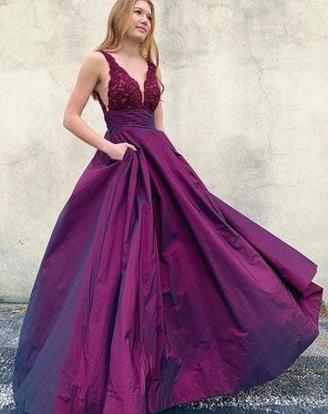 V Neck Prom Dresses Long with Appliques