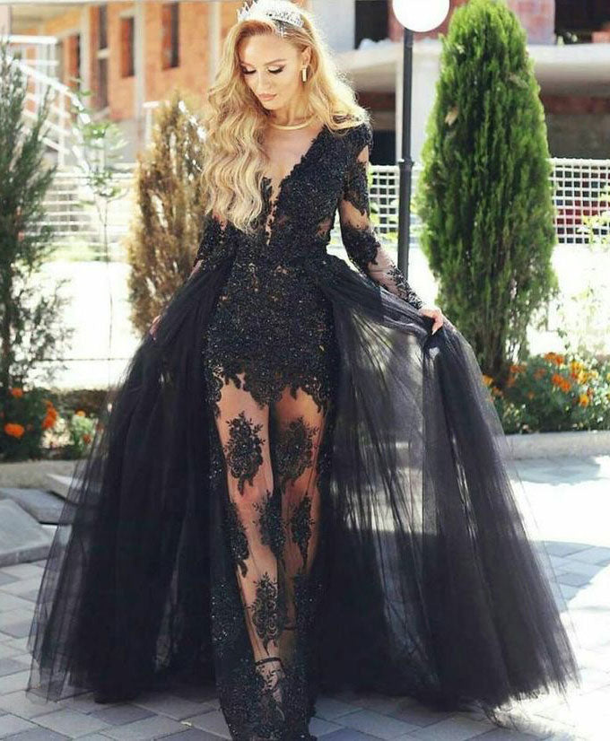 V Neck Black Prom Dresses with Appliques