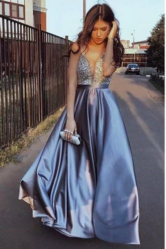 V Neck Dusty Blue Prom Dresses with Beaded