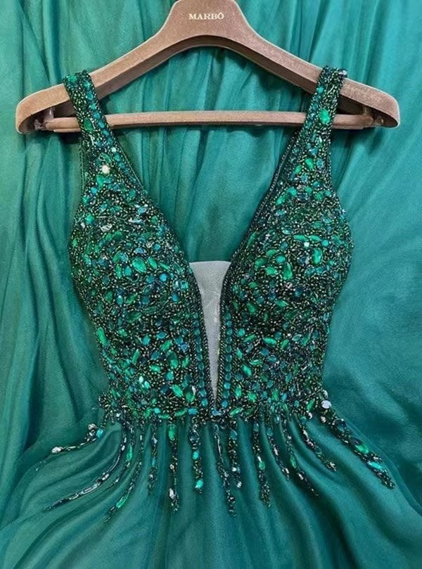 V Neck Prom Dresses with Rhinestones Green