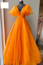 Load image into Gallery viewer, V Neck Orange Prom Dresses Floor Length Organza