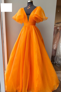 V Neck Orange Prom Dresses Floor Length Organza