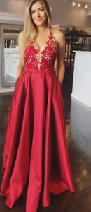 V Neck Prom Dresses Backless Evening Gown with Lace Appliques