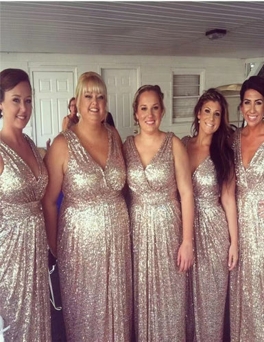 V Neck Bridesmaid Dresses Sequins Floor Length