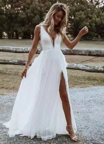 V Neck Wedding Dresses Bridal Gown Tulle Slit Side