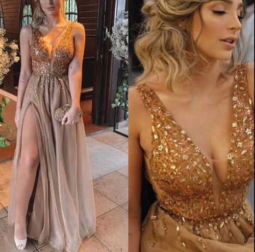 V Neck Slit Prom Dresses with Rhinestones