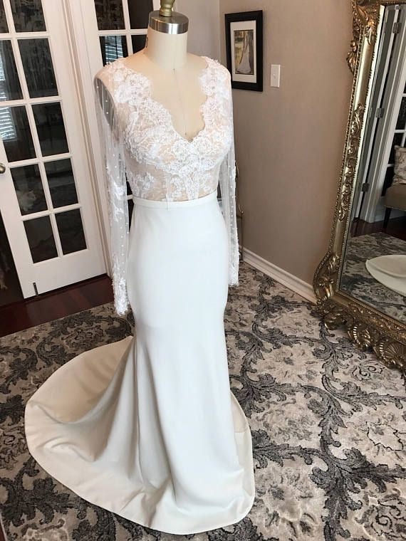 V Neck Lace Backless Wedding Dresses Bridal Gown