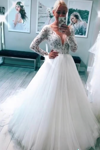 V Neck Wedding Dresses Bridal Gown with Sleeves