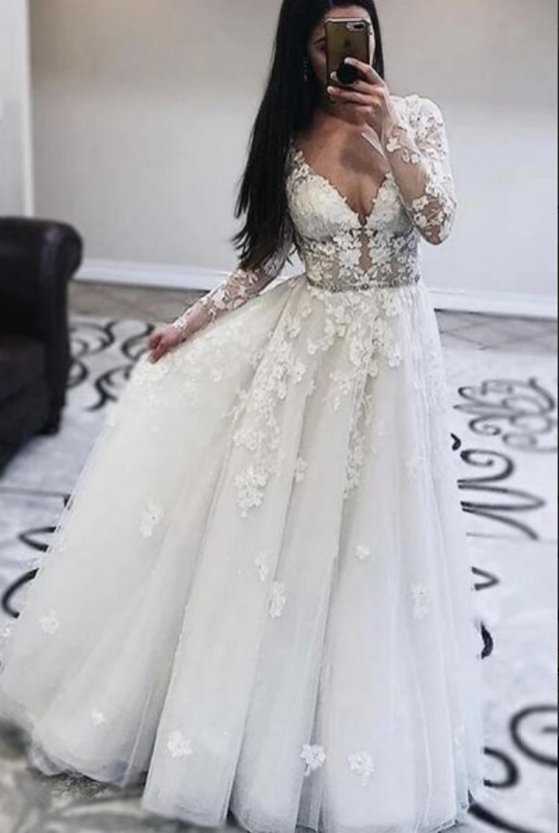 V Neck Wedding Dresses Bridal Gown with Sleeves