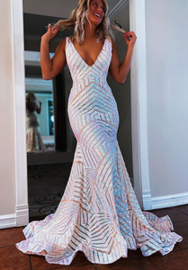 V Neck Mermaid Prom Dresses Long