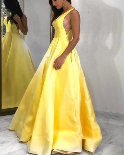 Yellow  Deep V Neck Prom Dresses with Pockets