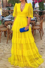 Cargar imagen en el visor de la galería, V Neck Yellow Prom Dresses Tiered with Sleeves
