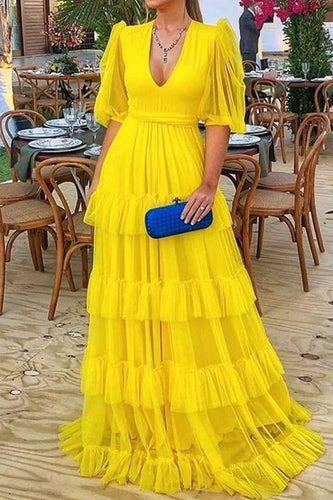 V Neck Yellow Prom Dresses Tiered with Sleeves
