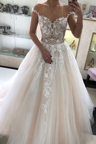 Illusion Neck Wedding Dresses Bridal Gown with Appliques