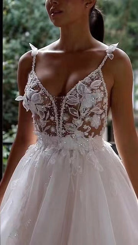 Sparkly Spaghetti Straps Wedding Dresses Bridal Gown with 3D Flowers