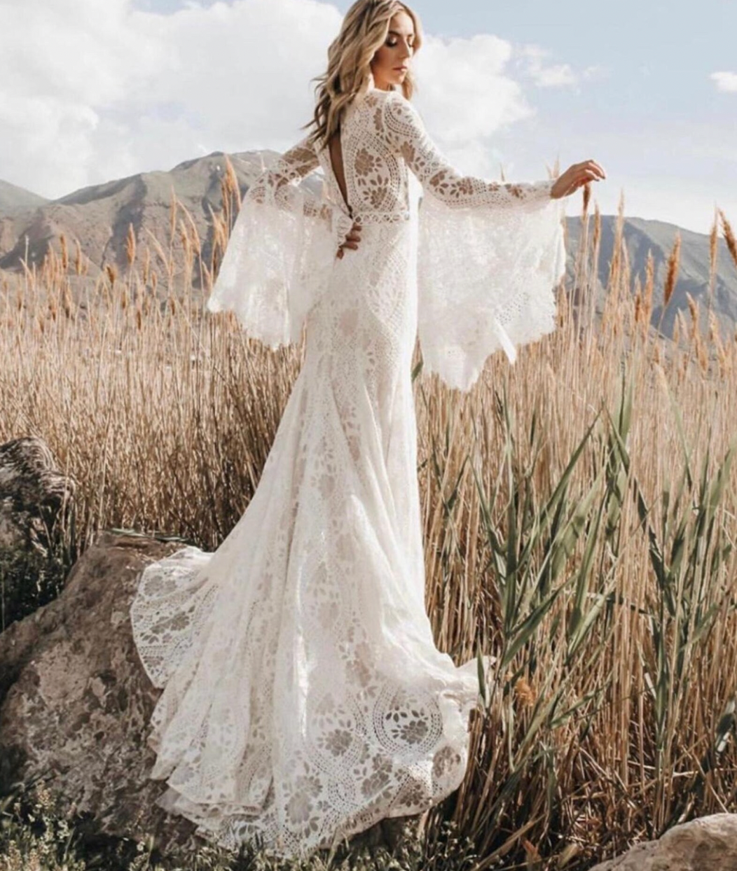 Boho Wedding Dresses Bridal Gown V Neck Lace with Sleeves