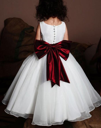 White Flower Girl Dresses with Dark Burgundy Sash