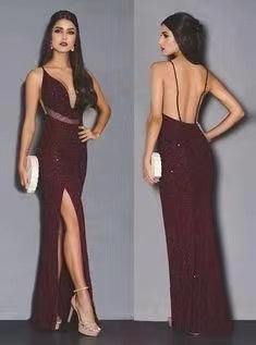 Wine Prom Dresses Slit Spaghetti Straps