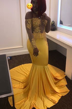 Laden Sie das Bild in den Galerie-Viewer, Yellow Prom Dresses Mermaid Evening Gown with Appliques