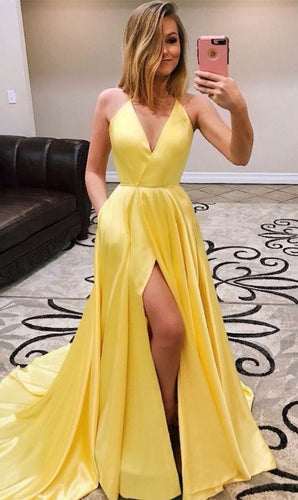 Halter Yellow Split Side Long Prom Dresses with Pockets