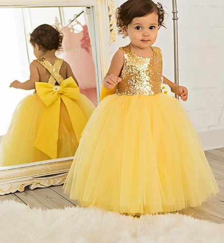 Mustard Yellow Short Flower Girl Dresses Sequins Criss Cross