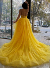 Load image into Gallery viewer, Spaghetti Straps Yellow Prom Dresses Tulle