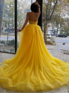 Spaghetti Straps Yellow Prom Dresses Tulle