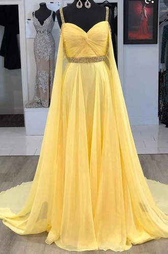 Straps Yellow Prom Dresses with Beading