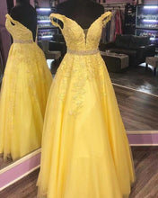 Load image into Gallery viewer, Yellow Prom Dresses Off Shoulder with Appliques