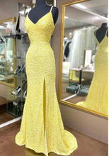 Load image into Gallery viewer, Yellow Prom Dresses Slit Straps Sequins