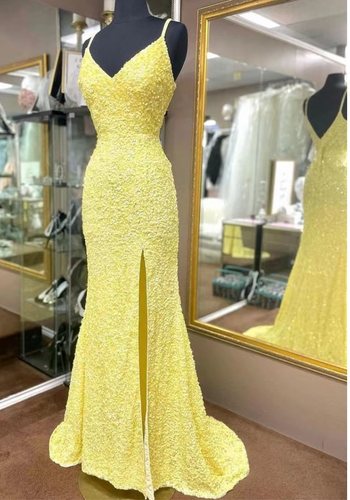 Yellow Prom Dresses Slit Straps Sequins