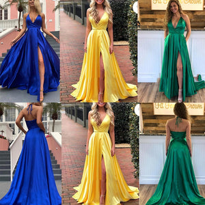 Halter Prom Dresses Slit Side with Pockets