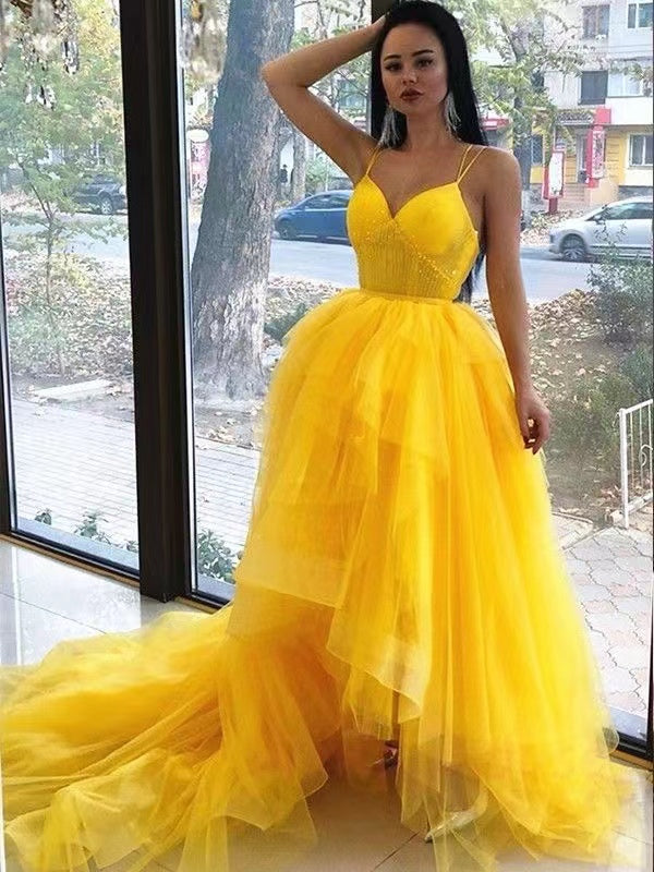 Spaghetti Straps Yellow Prom Dresses Tulle