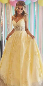 Yellow Prom Dresses Lace Spaghetti Straps