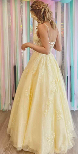 Yellow Prom Dresses Lace Spaghetti Straps