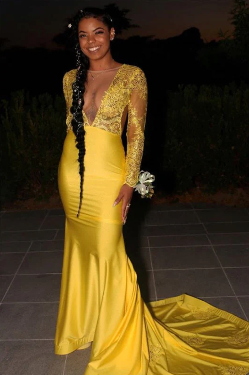 V Neck Yellow Prom Dresses Mermaid with Full Sleeves