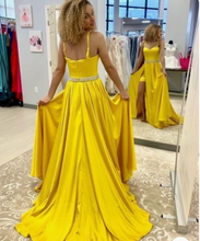 Load image into Gallery viewer, Spaghetti Straps Prom Dresses Yellow Waist with Beading