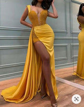 Load image into Gallery viewer, Straps Yellow Prom Dresses with Beading