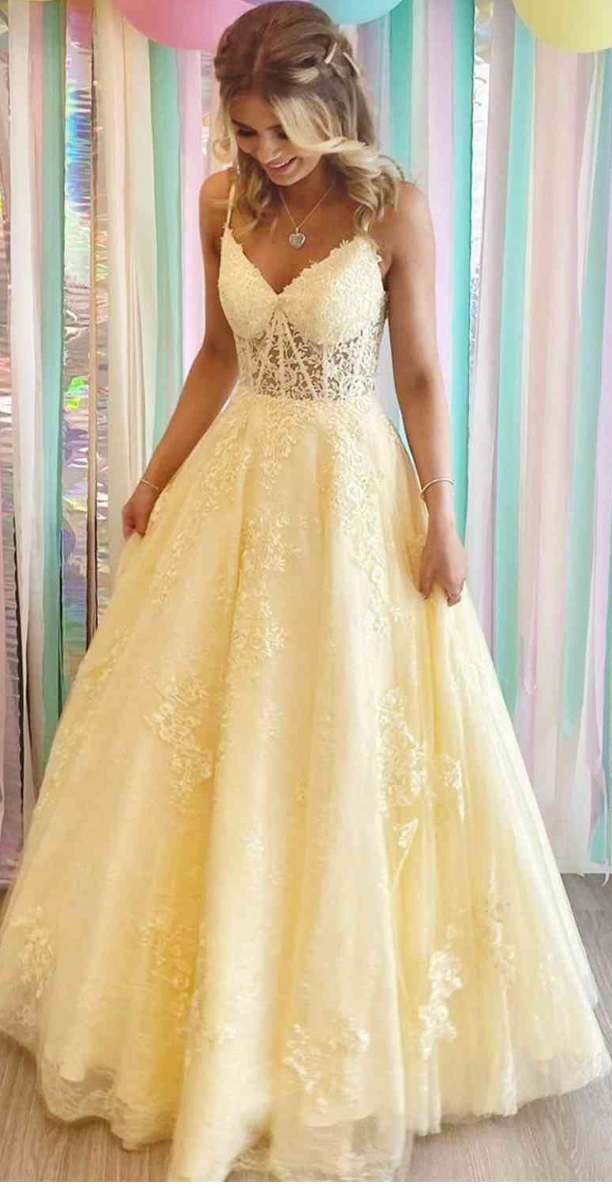 Yellow Prom Dresses Lace Spaghetti Straps