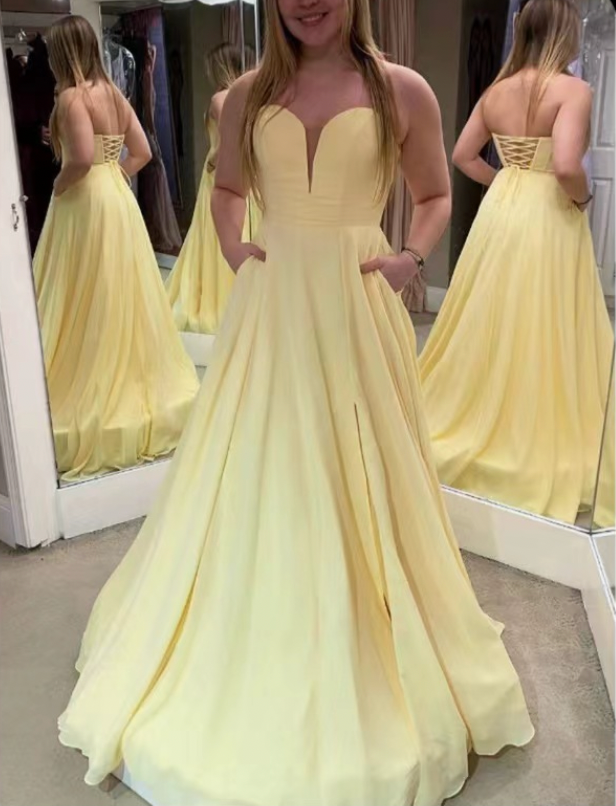 f Yellow Prom Dresses Sweetheart with Pockets